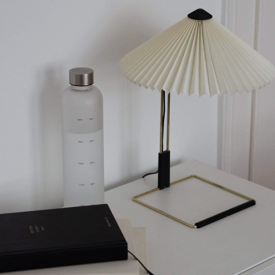 Water Tracking Bottle and Better Every Day Jouranal on white table next to lamp