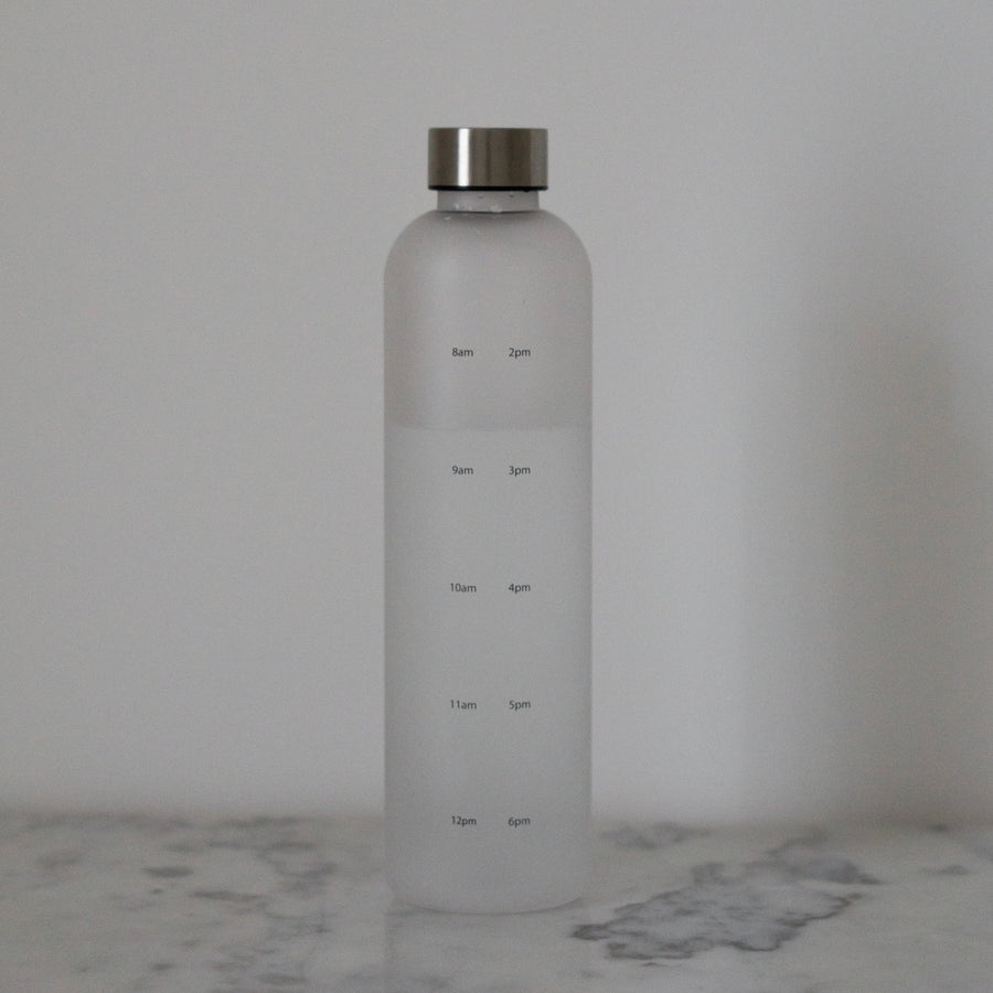 Water tracking bottle displayed on gray table